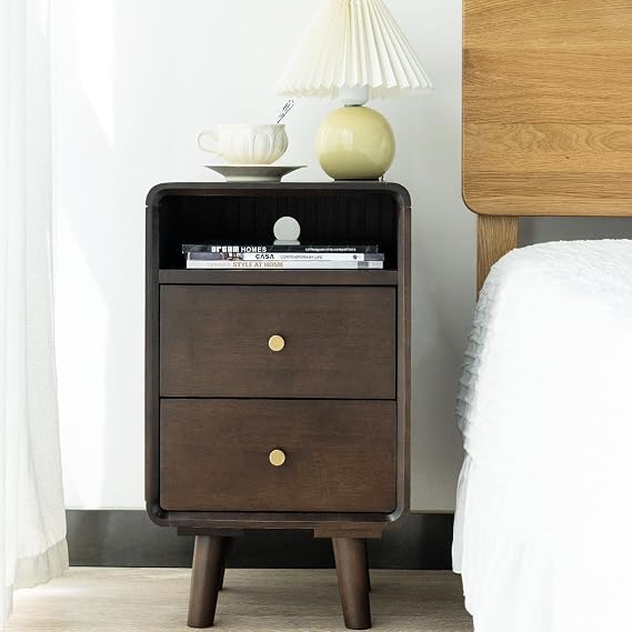 23"H Solid Wood Nightstand, Mid-Century Modern Bedside Table With 2 Drawers