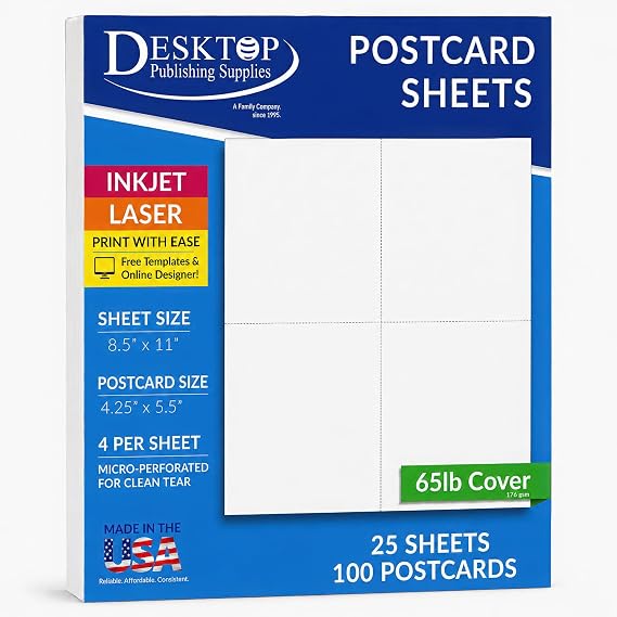 65lb White Printable Postcards - Blank Postcard Paper - Perforated 4 per Sheet - for Inkjet/Laser Printers - 25 Sheets / 100 Postcards
