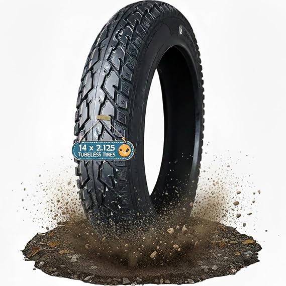14x2.125 Tubeless Tire, 14 x 2.125 8PR Nylon Structure Bicycle Neumatico, Puncture Proof, Anti-Slip Tread, Max 300kPa, With Angled Valve Fit Tubeless Ri_m Only