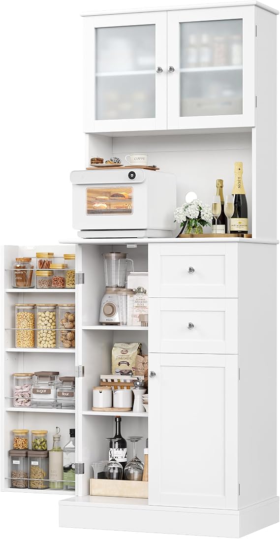 72" Tall Kitchen Pantry Storage Cabinet with 4-Tier Door Shelves | Kitchen Hutch Cabinet with 2 Drawers, Frosted Glass Door for Dining Room, Modern White, Space-saving, apartment, small room