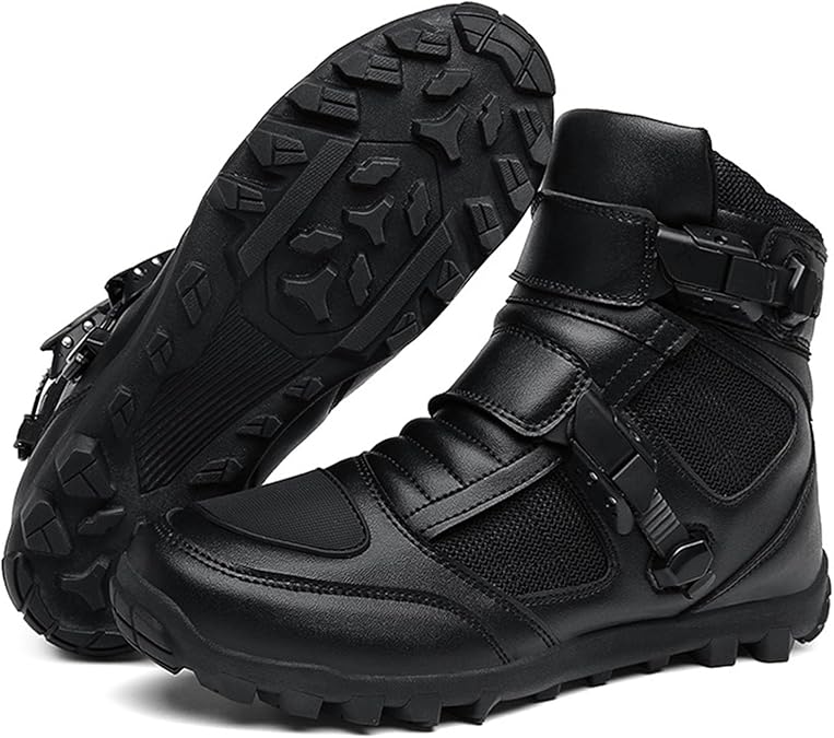 Men's Leather Motorcycle Boots, Motocross Boots Comfort Reinforced Street Protection Riding Motorbike Shoes with Ankle Support, Anti-Slip Sole, Gear Pad