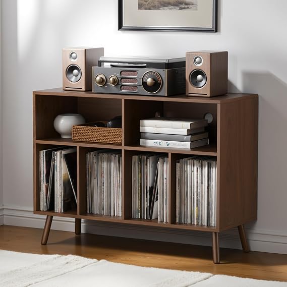 Record Player Stand with Vinyl Storage Cabinet, Wood Turntable Table Open Shelf Holder Up to 350 Albums Cube Storage Organizer for Living Room, Office, Brown