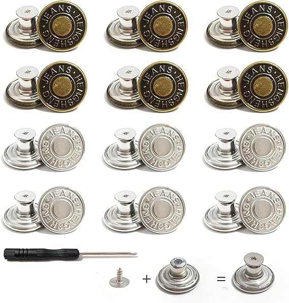 12 PCS Jean Buttons, 17mm No Sew Adjustable Jeans Buttons, Removable Metal Button with Screwdriver Replacement Jean Button, for Jeans, Pants, Bags, Denim Clothing (Bronze+Silver)