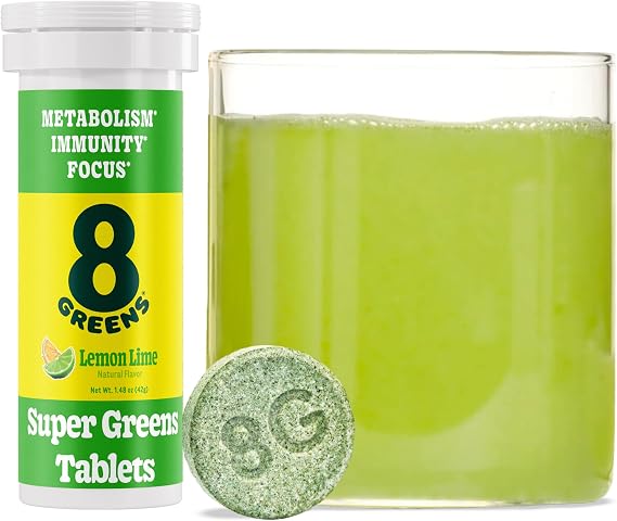 8G 8Greens Supergreens Effervescent Tablets, Lemon Lime, 10 Servings | Boosts Metabolism, Immunity & Focus; Contains Aloe vera, spirulina & chlorella; Vitamins C, B6, B12 & folate; Doctor-Backed