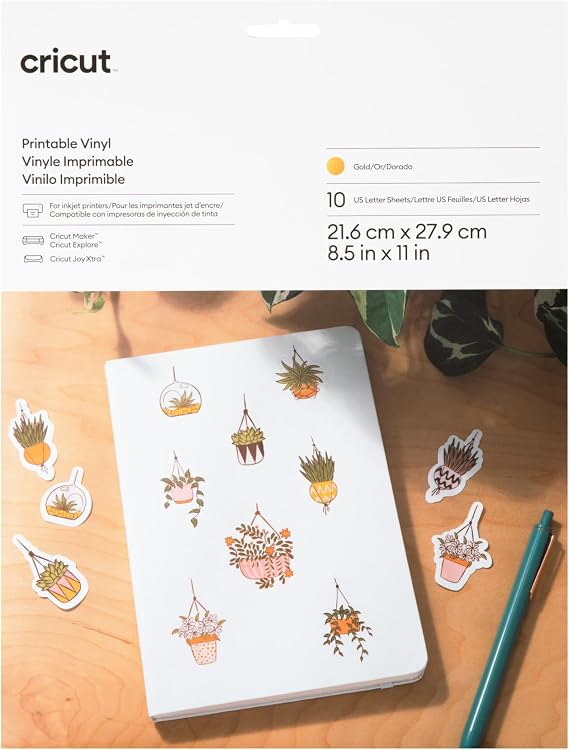 Cricut Printable Vinyl 10 Count, Printable Vinyl for Letter Stickers, Labels & Decor, Vinyl Paper for Inkjet Printer, Compatible with Cricut Maker, Explore 3, Cricut Joy Xtra Machines, Gold