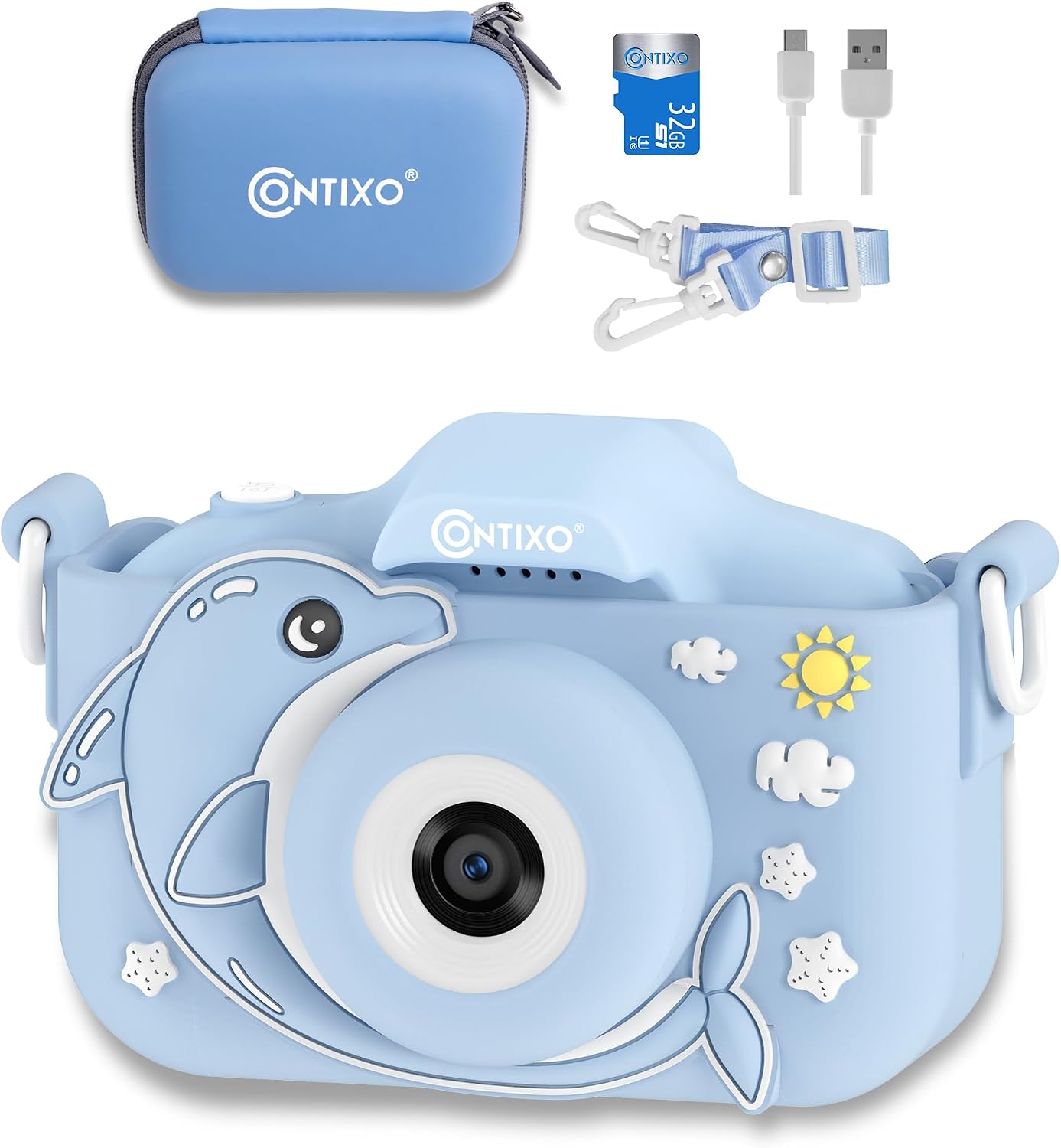 Contixo KC3 Kids Camera, 1080P Video Selfie Toddler Educational Digital Photo Cameras with Puzzle Games, Children Portable Toy for Boys Girls-Dolphin Blue
