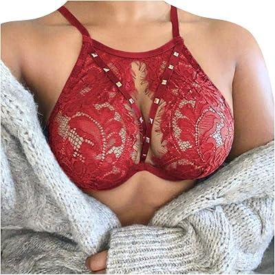 WUAI Sexy Lingerie for Women Eyelash Lace Lingerie Bra Hollow Out Bandage Halter Neck Backless Bras Buster Crop Top