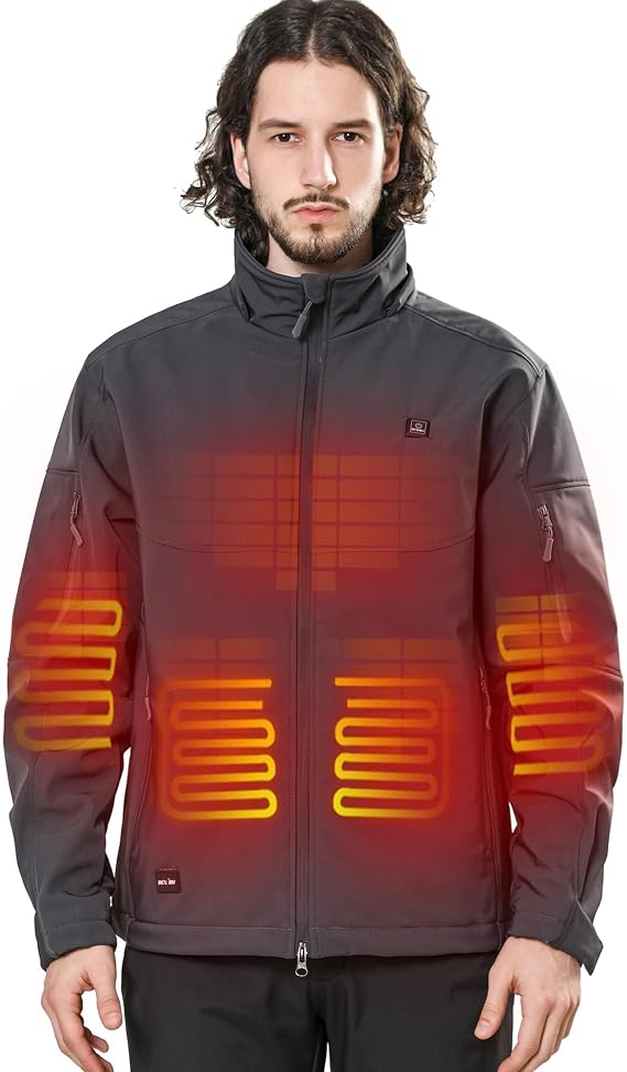 DEWBU Men's Heated Jacket with 12V Battery Work Coat | Detachable Hood, Electric Fast Heating, 5 Heating Zones, Soft Shell and Waterproof, Machine Wash, Winter Outdoor Travel Warm