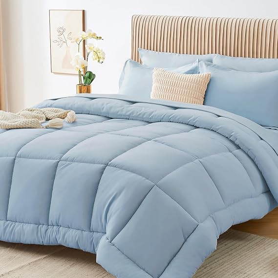 Sasttie Queen Comforter Set 7-Piece, All-Season Bed in a Bag, Greyish Blue