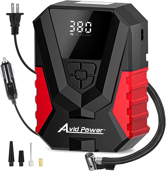 AVID POWER Tire Inflator Portable Air Compressor, 12V DC/110V AC, Compact | Auto Shut-Off, Air Tire Pump for Car, Bike, Motorcycle, Small Inflatables, Digital Gauge, LED Light, for Home, Garage