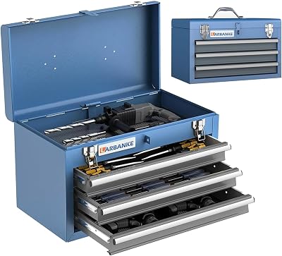 LARBANKE Portable Tool Box with 3 Drawers and Top Storage Tray, Cabinet with Steel Safety Lock, Drawer Tool Box with Ball Bearing Slides for Garages, Warehouses, Repair Shops and Homes