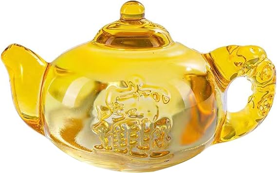 Golden Feng Shui Teapot Ornament - Zhao CAI Jin Bao Wealth & Prosperity Figurine - Lucky Chinese Money Pot Decor for Home Office (Yellow Crystal)