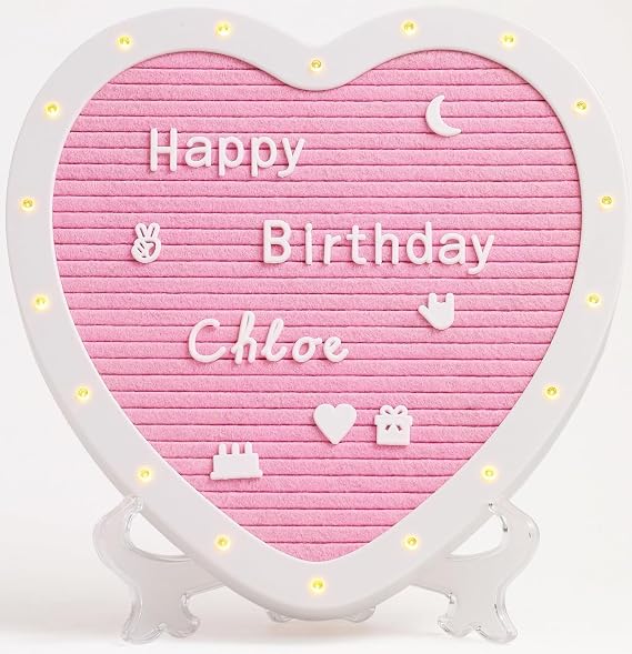 Heart-Shaped Felt Letter Board with Built-in LED Lights,10x10 Light-up Message Board with 663 Pre-Cut Letters,Cursive letters for Valentines Day Birthday Party,Pregnancy Announcement,Wedding