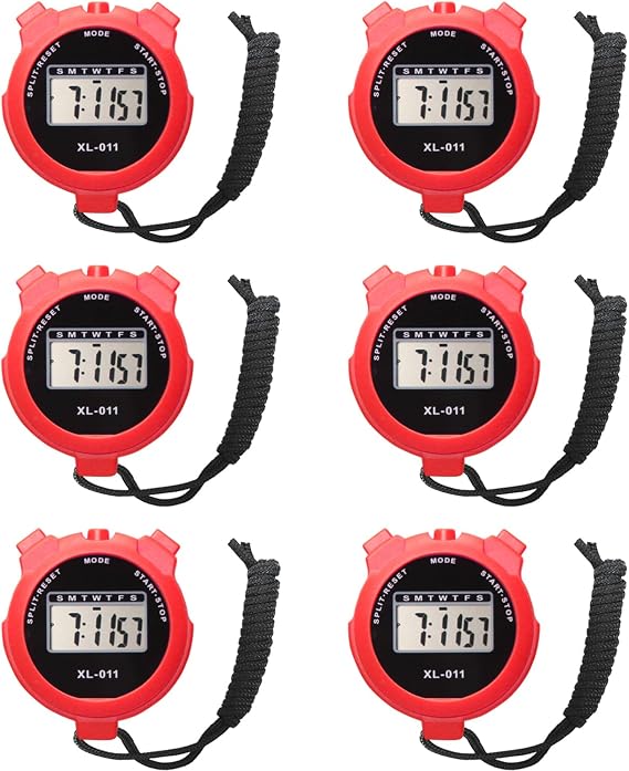 6-Pack Multi-Function Electronic Digital Sport Stopwatch Timer, Large Display with Date Time and Alarm Function, Sports Coaches Fitness Coaches and Referees Red