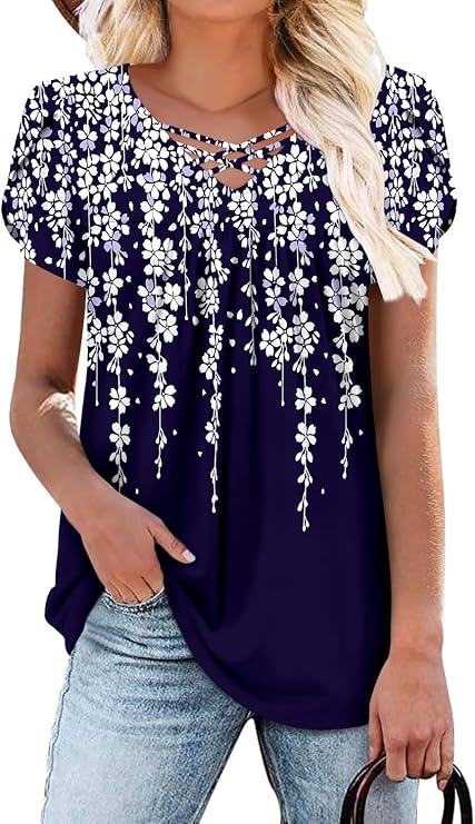 onlypuff Womens Tops Short Sleeve Shirts for Women V Neck Summer Tunic Tops Ladies Blouses Casual Loose Fit