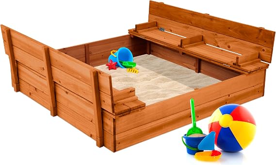 Best Choice Products Large Outdoor Wooden Sand Box for Kids, Sandbox with Cover, Bench Seats Support up to 220 lbs, Bottom Liner for Drainage, Cedar Wood - Brown