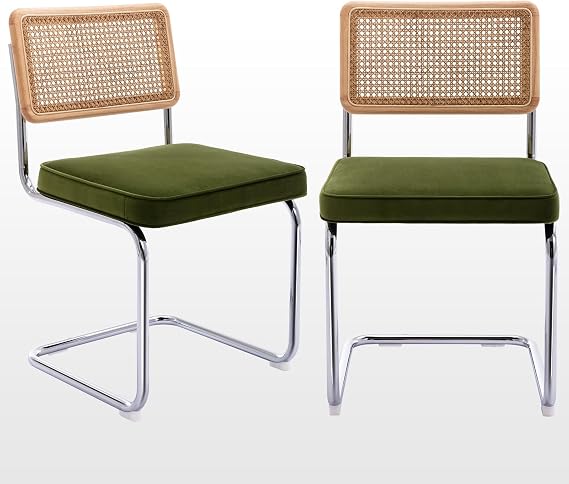 Zesthouse Natural Rattan Dining Chairs Set of 2, Olive Green Modern Kitchen Chairs with Solid Wood Back & Chrome Base, Mid Century Breuer Design Inspired, Upholstered Velvet Fabric