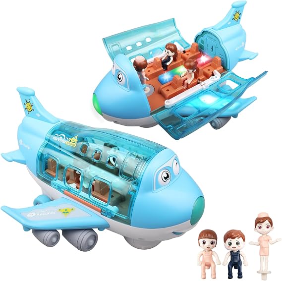 Electric Aeroplane Toy with Flashing LED Lights & Sounds, Bump and Go Airplane Toy, Durable ABS Aircraft for Toddlers Ages 3–8 for Boys & Girls, Blue