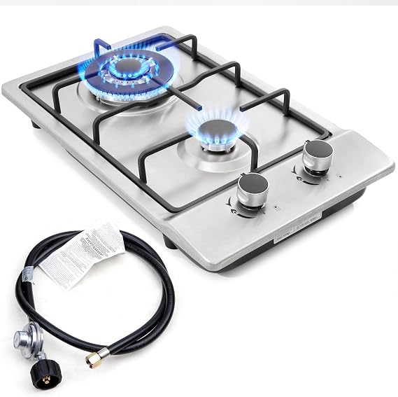 Gas Cooktop12Inch,Built in Gas Cooktop 2 Burners Stainless Steel Stove with NG/LPG Conversion Kit Thermocouple Protection and Easy to Clean