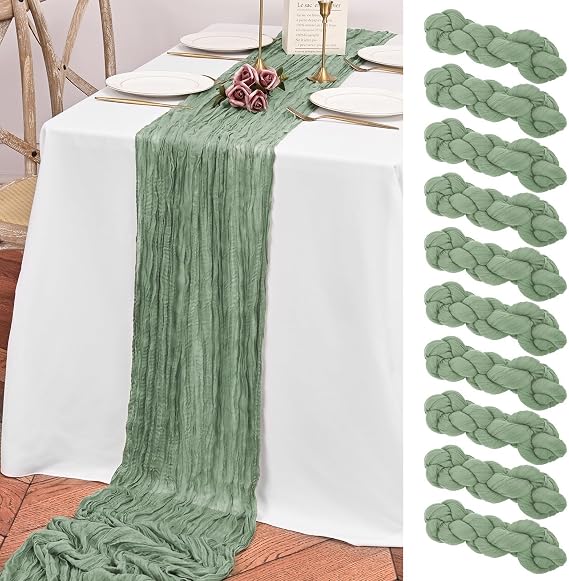 10 Pack Sage Green Cheesecloth Table Runner, 10FT Long Boho Gauze Runner for Birthday Party Festival Wedding Decoration