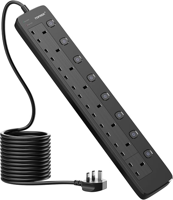 TOPREK 8 Way Extension Lead with Individual Switches, 2100 Surge Protected Extension Lead with Indicator Lights, Desk/Wall Mounted Power Strip for