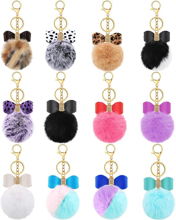 Hicarer 12 Pcs Pom Pom Keychain Bulk Bow Rhinestone Fluffy Pompoms Keychain Purse Bags Charms for Handbags Crafts Girls(Chic Colors)