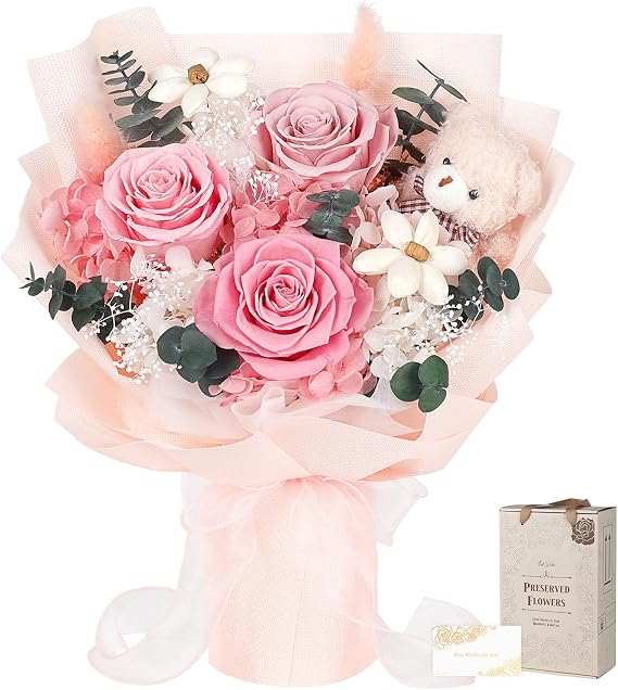 Flowers for Delivery with Bear, Pink Preserved Flowers, Gifts for Women Mom