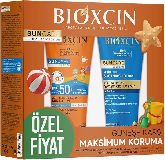 Bioxcin Sun Care Çocuk Güneş Kremi SPF 50+ – Non-Nano Hibrit Filtreli, Termal Sulu, Pantenol ve Allantoin İçerikli, Hassas Ciltler İçin, After Sun Hediyeli, 200 ml