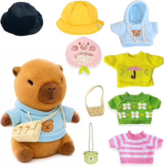 10.2" Brown Capybara Plush Toy Figure with 9 Outfits and Accessories, Super Soft Plush Toy for Boys, Girls and Kids (Yellow Capybara)