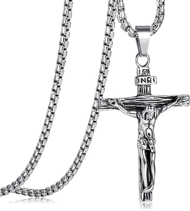 JeweBella Cross Necklace Men's Stainless Steel Jesus Crucifix Pendant Necklace with Venetian Chain 24 Inch Silver/Gold/Black Religious Jewelry Gift