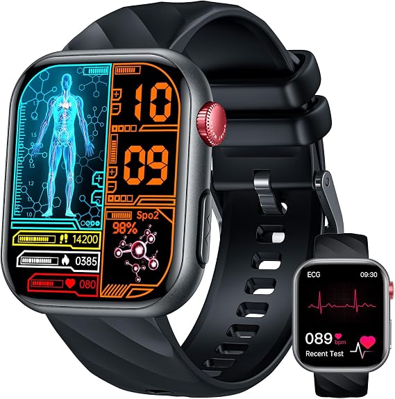 Echg Hrv Men's Smartwatch Heart Rate Blood Pressure: 1.97 Inch AMOLED Touch Black Health Watch with ECG Sleep Monitor Pedometer Phone Function Blood Oxygen Sports Watch Fitness Watch iOS Android