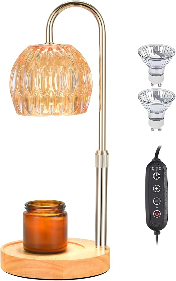 Candle Warmer Lamp with Timer, Adjustable Height Dimmable Candle Warmer,Compatible with Large Jar Candles, Candle Lamp with 2 Bulbs, Gifts for Women, Amber