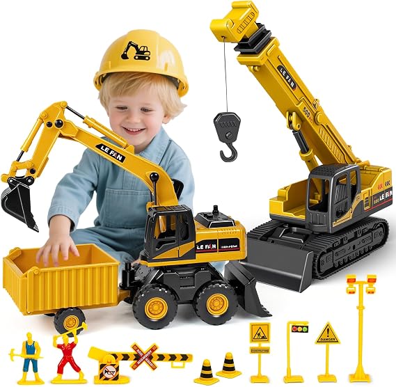 Kids Construction Toys for Boys - 3 in 1 Excavator, Crane and Dump Trucks