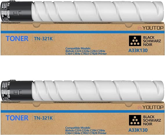2PK TN321 TN322 TN220 TN221 TN323 Black Toner Cartridge (A33K130) Compatible for Konica Minolta bizhub C224 C284 C364 224e 284e 364e C221 C221S C281 227 287 C227 C287 Printers