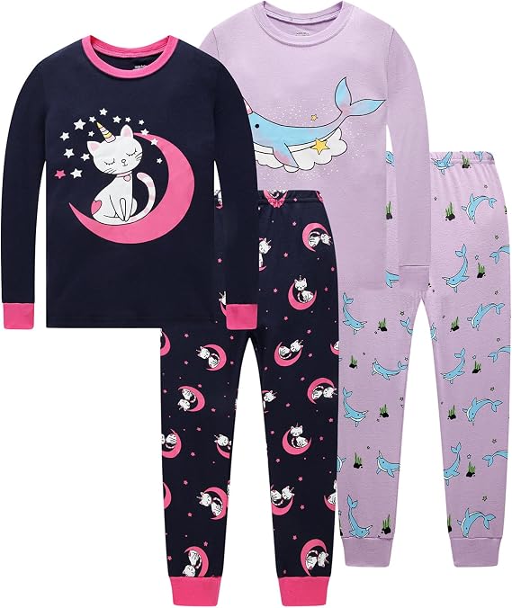 Little bety 4-Piece Girls Pajamas Cotton Long Sleeve Toddler Pjs Kids Sleep