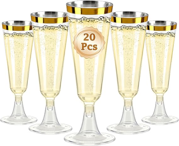 20 Pack Plastic Champagne Flutes 5oz Clear Disposable Glasses for Parties | Shatterproof Clear Design, Easy Snap Assembly, Stable Base, Disposable Cleanup, Ideal for Weddings & Celebrations