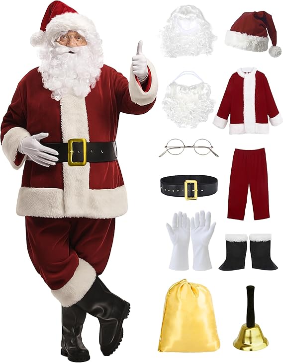 ADOMI Santa Claus Costume for Men Adults Santa Suit 11pcs Christmas Outfit