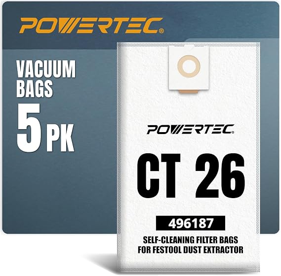 POWERTEC 496187 Self-Clean Filter Bag for Festool CT 26-5PK, Compatible with CT26, CT26 E, CTL26, CTM26 Dust Extractors (75037)