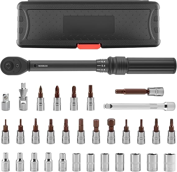 1/4'' Torque Wrench Set 33Pcs Bike Torque Wrench 2-24 Nm | Bike Torque Wrench Socket Wrench Set with 3/8'' Adapter, 100mm Extension Bar, for Bike Motorcycle Repair, ±3% Accuracy