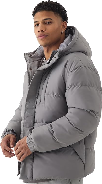 Official Embossed Hooded Puffer Coat In Charcoal