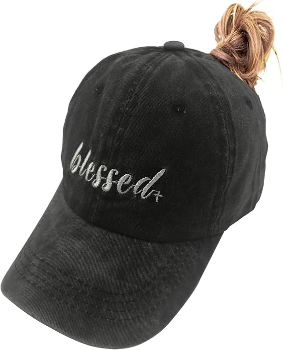Blessed Ponytail Hat Messy Bun Vintage Washed Distressed Twill Plain Baseball Cap for Women