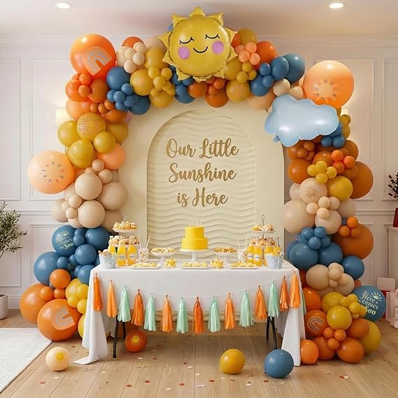 Here  the Son Party Supplies Dusty Burnt Orange Yellow Baby Blue Nude Balloon Garland and Sun Clouds Foil Balloon for Boho Sun First Trip Around the Sunshine Baby Shower Birthday