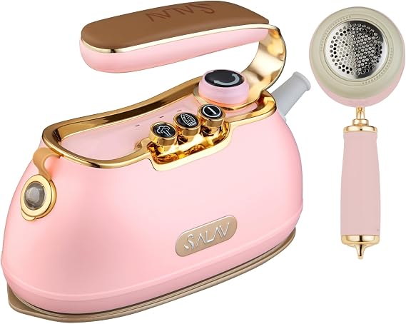 SALAV Retro Handheld Garment Steamer + Iron, Ceramic Steam Plate, 1000 watts of Steam, Removes Wrinkles on Clothes (Rose, Steamer and Iron + Fabric Shaver and Lint Roller)