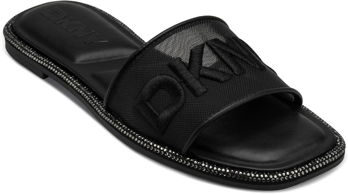 DKNY Women's Badin Studded Flat Sandals with Logo Sliding Sandals