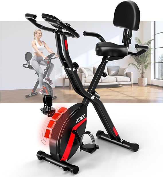 Folding Exercise Bike, SLUNSE 5 IN 1 Foldable Stationary Bike for Home, Indoor Cycling Bike with 16 Level Adjustable Magnetic Resistance, 350LBS Weight Capacity, Soft Seat Backrest For Fitness Workout