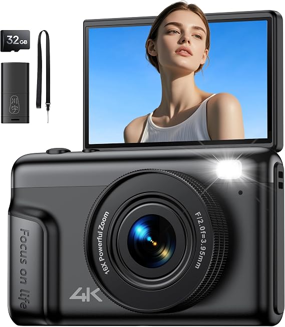 Digital Camera 4K Vlogging Camera: 64MP Compact Photo Camera for Video 180° Flip Screen 3" Portable Digital Cameras with 16X Digital Zoom 32GB SD Card Gifts for Kids Beginners Adults Black
