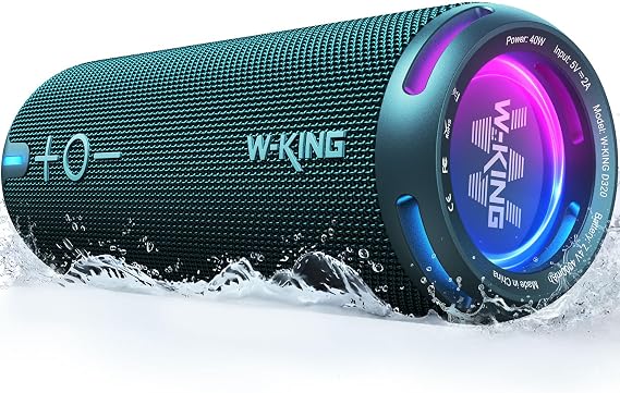 W-KING Portable Bluetooth Speakers Loud, IPX7 Waterproof Outdoor Speakers Wireless, APP Customized EQ, Dual Voice Coil/Deep Bass, 360 Sound with Lights/V5.3/TF/AUX, 40W Party Boombox Shower Speaker