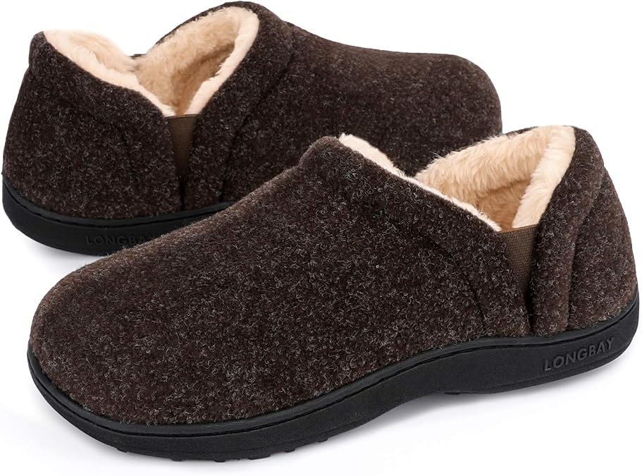 LongBay Men's Slippers Warm Bedroom Indoor Memory Foam Winter House Shoes | Outdoor, Wool Felt Upper, Adjustable Elastic Gores, Fuzzy Plush Fleece Lining, Slip-On, Non-Slip Rubber Sole, Cozy Gifts