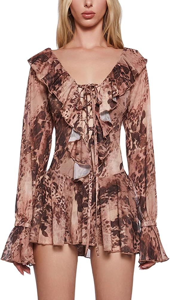 Women Sexy Leopard Print Ruffle Mini Dress Lace up Long Sleeve Pleated Bodycon Short Party Club Mesh Dress