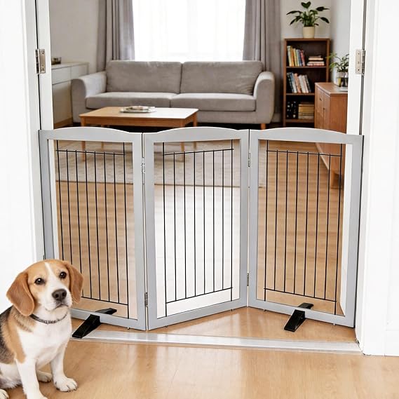 ZJSF Freestanding Dog Fence Indoor, Foldable Dog Gate for Doorways, Stairs or Hallways, Sturdy Wood Extra Wide Pet Gate with Support Feet for The House, Grey, 32 "Height-3 Panels